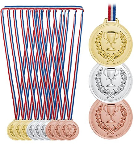 Relaxdays Medaille Kinder, 12er Set, Ø 6 cm, Plastik, mit Band, Siegerehrungen, Siegermedaillen, Gold, Silber, Bronze