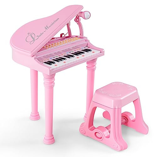 GYMAX 31 Keys Kids Piano and Stool, Electronic Keyboard Children Grand Piano with Microphone, LED Teaching Mode & Record Playback, Musical Instrument Educational Toy for Age 3+ Year Old (Pink)