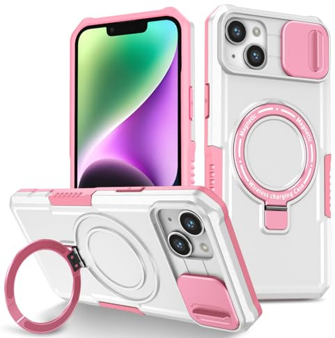 YOUULAR Custodia con supporto ad anello e finestra scorrevole magnetica per iPhone 15 Plus/iPhone 14 Plus, [Supporto per telefono cellulare] Cover protettiva antiurto opaca per iPhone 15 Plus Rosa