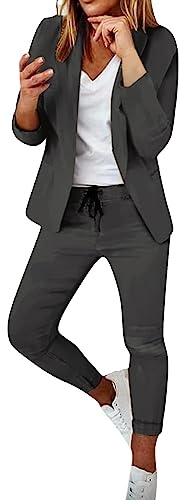 L9WEI Damkavaj, dam elegant långärmad kavaj set kavaj enfärgad slim fit revers kontorsjacka och långa byxor kontor affärssladd kostym set, Mörkgrå, XL
