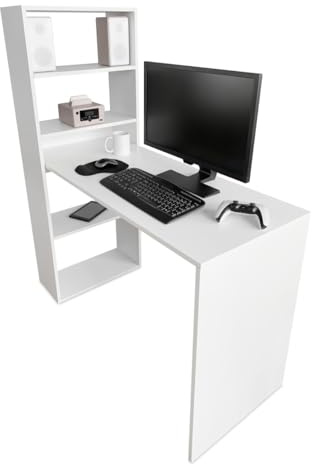 mattfy - Mesa de Escritorio Multifuncional con Estantería Integrada, Acabado en Blanco, Ideal para Espacios de Trabajo y Estudio, Medidas: 122 cm (Ancho) x 53,2 cm (Fondo) x 140 cm (Alto)