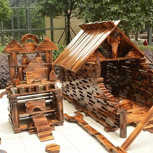 Große Holzbausteine 54 Teile für Kinder, Karbonisiertes Kiefernholz Baukasten, Schwere Bauklötze für den Außenbereich, Sensorik Spielzeug für Vorschule, Kita, Homeschool, Spielplatz & Garten (21,3kg)