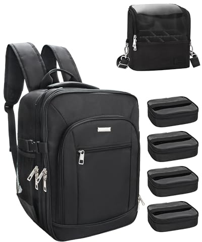 TANTO Makeup Backpack Makeup Artist Bag Professional Extra Large Cosmetic Bags Travel Train Case Storage Organizer Double-Layer Cosmetic Case with 4 Pouch and Brush Organizer (Black, two piece)