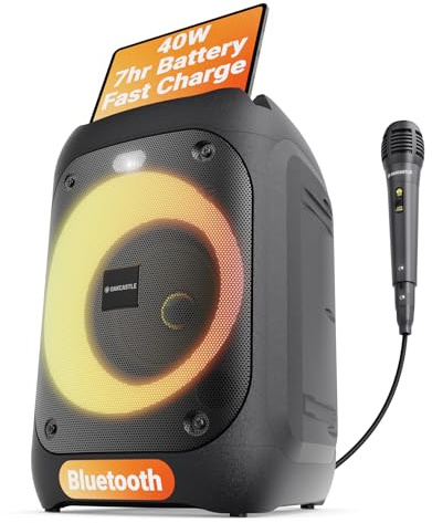 Oakcastle PS100 - Altavoz portátil Bluetooth para Fiestas, 40 W de Potencia y batería Recargable de hasta 7 Horas, Altavoz Bluetooth Grande 2.0 con micrófono con Cable, Modo Karaoke, Luces LED de