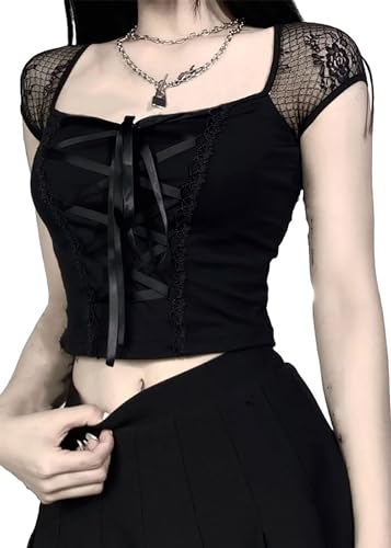 YINGWIN Goth Oberteil Crop Tops Damen Sexy Karree Ausschnitt Kurzarm | Gothic Kleidung Damen Oberteil Punk Y2k Top Gothic Tops Damen Goth Clothes