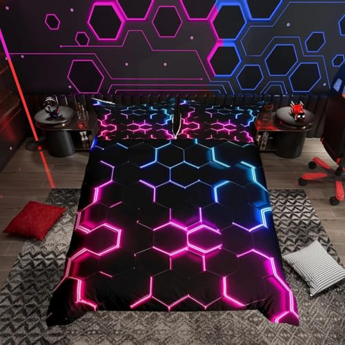 Loussiesd Hexagonal Bettwäsche Set 135x200cm Waben Bettwäsche Geometrische Bettbezug Set Ultra Weich Modern Geometrie Lila Blau Honeycomb Bettwäsche Kinder Jungen Jugendliche Dekorative