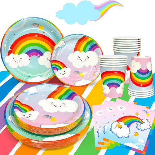 Set di Stoviglie per Feste Arcobaleno, 20 Ospiti Stoviglie per Festa di Tema Arcobaleno includ Piatti Arcobaleno Bicchieri Tovaglioli Tovaglia etc Stoviglie Compleanno Arcobaleno per Bambina