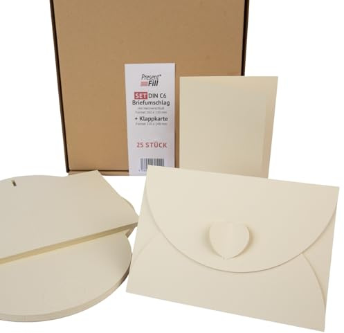 50er Set: Herzverschluss-Umschläge (C6) mit Klappkarten (A6) Chamois Creme – Die edle Pocketfold Alternative für Hochzeit – DIY Einladungskarten Set ohne Kleben – 100% Recycling Karton – Presentfill