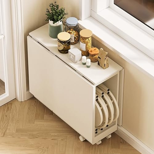 JIAOCKJIAO 120 cm Esstisch Set, Klappbarer Esszimmertisch und 4 Stühle, Küchen Esstisch mit Rollen, Weißer Küchentisch mit Stauraum, Kleiner Besprechungstisch