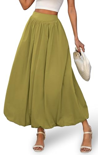 ELLEVEN Womens Bubble Maxi Long Skirt with Pockets Flowy Puffy Hem Elastic Waist Casual Lightweight Balloon Skirt Y2k Elegant Ruffle A-Line Classic Skirt Spring Summer 2026 Green Medium