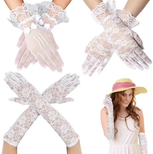 3 Pares Guantes Elegantes de Encaje Cortos de Novia Guantes de Encaje Elegantes para Mujeres Guantes Blancos con Diseño Floral, Perfecto para Niñas y Disfraces - Pack de Guantes de Encaje