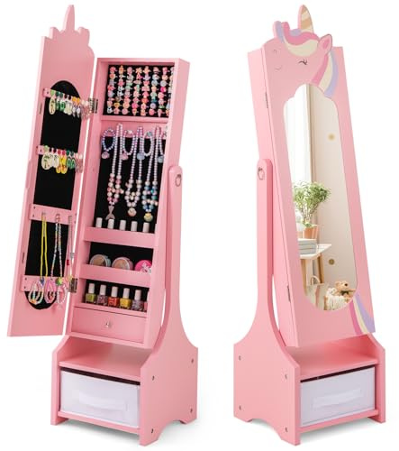 COSTWAY Armadietto Portagioie per Bambini 31,5 x 30 x 115cm, Specchio a Figura Intera a Forma di Unicorno con Ganci, Ripiani e Cassetti, Specchiera da Toeletta per Cameretta (Rosa)