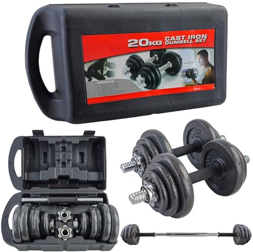 RAMROXX 20 kg Profi Hantel Kurzhantel Langhantel Set Schwarz Gusseisen