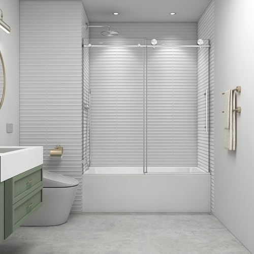 EPXMKX 55-60 W x 63 H Bathtub Soft Closing Sliding Shower Door,Water Repellent Frameless Tub Shower Door with 5/16 (8mm) Nano Explosion-Proof Film Transparent Glass (Brushed Nickel 60 Wx63 H)
