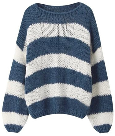 Geagodelia Damen Gestreifter Pullover Oversize Warmer Strickpullover Pulli Frauen Elegant Langarm Rundhals Winterpullover Damenpullover Oberteil Top Herbst Winter (Blau & Weiß, XL)