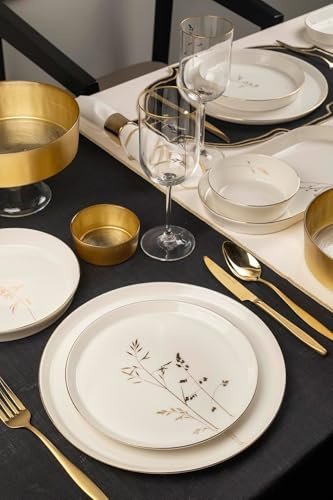 Ensemble de dîner élégant de 27 pièces, 100% porcelaine, blanc et doré, avec assiettes, bols et assiettes, parfait pour les occasions spéciales et le divertissement