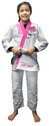Nitro Fight Wear - Girls Kids Premium BJJ Gi - FREE WHITE BELT - Pink Lapel - Lightweight - Monkey - Brazilian Jiu Jitsu Girl's Uniform (M4)