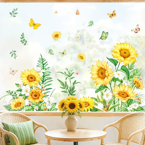 Tanlaby Fensterbilder Sonnenblume Sommer Schmetterling Fensteraufkleber | Anti Kollision Fenstersticker für Wohnzimmer Küche Büro Glastüren Fensterdeko