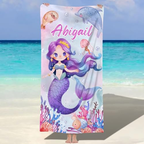 Solutra Personalisiert Strandtuch Badetuch mit Namen, Mikrofaser Handtuch Personalisiert Geschenke, Schnell Trocknendes Leichtes Strandhandtuch für Erwachsene Kinder(Meerjungfrauen)