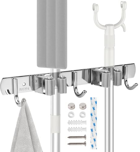 BigKego Besenhalterung Wand Selbstklebend Edelstahl mit 2 Halter 3 Haken