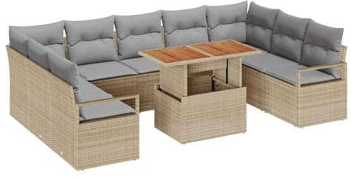 vidaXL Trädgårdsoffset med kudde med kudde 10 pcs Beige och Grå, Trädgård och terrass, modulär, hållbar, lätt rattansoff, konvertibelt bord, justerbar lounge, uteservering