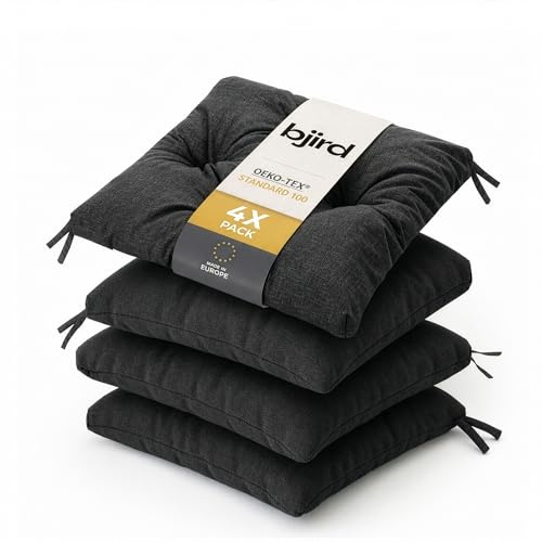 Bjird Wasserdichtes Stuhlkissen 45x45 cm – Gartenkissen für Stühle & Sessel – Dickes Sitzkissen 6 cm – Outdoor Sitzauflage für Gartenmöbel – Wetterfest & Pflegeleicht - 4er Set - Schwarz