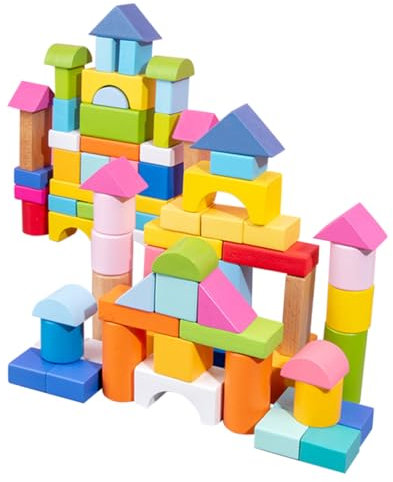 CVUTOVO Holzbausteine Kinder 100 Stück Geometrische Bausteine Pädagogisches Lernspielzeug Bunte Holzklötze Fördernd Für Kleinkinder
