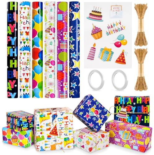JOYSAL Carta da Regalo Compleanno 6 Rotoli, 43 cm x 300 cm Rotoli di Carta da Regalo per Bambini, per Tutte le Occasioni di Compleanno con Corde e Adesivi e Biadesivo
