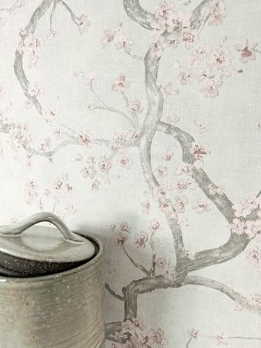 Newroom Vliestapete Grau Kirschblüten Floral Tapete Wohnzimmer | matte Leinenstruktur, zartrosa Blütenzweige, Japandi Shabby Chic Stil, Mustertapete Wandtapete, Schlafzimmer Flur