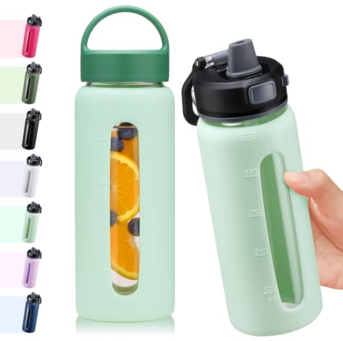 BLUEGO 600 ml glasvattenflaska med 2 lock med en knapptryckning låslock och handtag, återanvändbar dricksflaska med tidsmärkning för resor, hem, gym, sport, BPA-fri, ljusblå