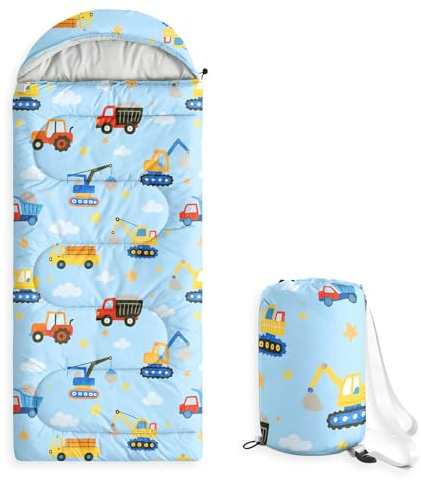 Wake In Cloud - Construction Car Kids Sleeping Bag for Boys Toddlers, Camping in Warm Cold Weather, Backpacking Lightweight Compact Outdoor Liner for 3 Seasons Summer Spring Fall, Light Blue