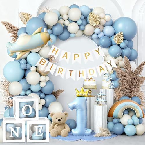 Geburtstagsdeko 1 Jahr Junge Blau, One years old Geburtstag Deko mit Ballonbox Folienballons Happy Birthday Girlande, Luftballon Girlande, 1 Jahr Jungegeburtstag Deko für Kinder Geburtstag Party Deko