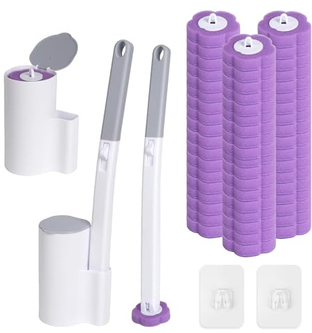 Scopino WC usa e getta, confezione da 2 con manico allungato e supporto, con 54 ricariche per lavandini, vasche da bagno e piscine (viola)