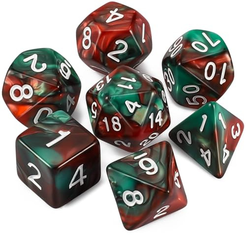 Dzxin DND Speltärningsset, 7 st polyhedrala tärningar set för fängelsehålor och drakar RPG MTG rollspel bordsspel (grön blandad röd)