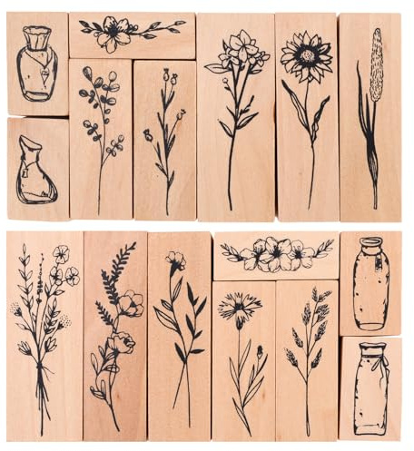 Penitue 16pz Set di Timbri Legno Gomma, Legno Timbri Floreali & Botanici Decorativi per Creazioni Artigianali Creazione di Cartoline Scrapbooking Diario Confezione Regalo & Journaling