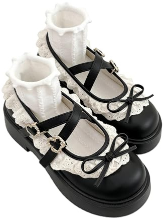 Mary Jane-skor för kvinnor, Lolita, JK-platta skor med rosett, spets, rund tå-spänne, söt Kawaii avslappnade pumpar för dejter, bröllop, cosplay, skola, resefest, 40 EU