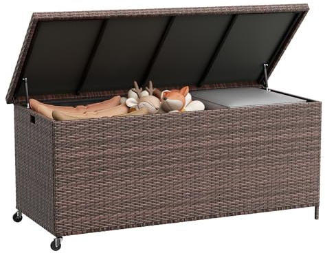 UDPATIO Gartenbox Wasserdicht 480L mit Rollen, Aufbewahrungsbox Garten, Auflagenbox Wetterfest, Kissenbox Outdoor mit Deckel, Gasdruckfedern, Braun