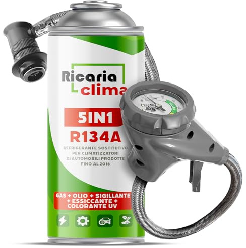 Ricaria Clima - 5-in-1: Refrigerante R134a + Tubo flessibile, 235 g per bomboletta, per climatizzatori auto con olio, additivo sigillante, colorante UV, agente disidratante – Protegge il compressore