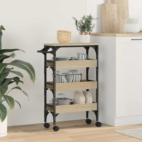 Carrello da cucina in rovere Sonoma, 53 x 20 x 76 cm, in legno con ruote, vano portaoggetti, cassetto e ripiano, carrello da cucina mobile come carrello d'appoggio, carrello da nicchia, scaffale per