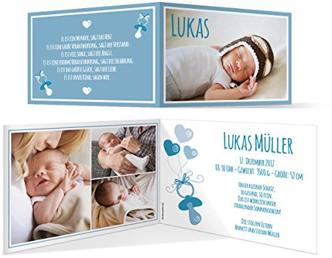 Kartenmachen.de Personalisierte Geburtskarten (10 Stück) - Schnuller - Geburt Babykarten Mädchen Jungen Foto Karten in Blau