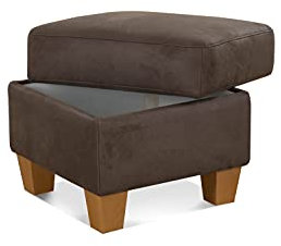 Cavadore Hocker Ammerland / Stauraumhocker mit Holzfüßen, als Fußhocker oder Beistellhocker / 58 x 48 x 58 / Wildlederoptik, Braun