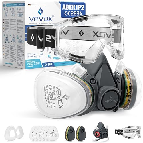 VEVOX® Atemschutzmaske – ABEK1P2 Filter – Schutz gegen Feinstaub, Gase & Dämpfe – Zum Lackieren, Schleifen & Sanieren – Gasmaske, Staubmaske & Lackiermaske – 6x P2 & 2x ABEK1 Filter