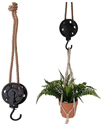 LS-LebenStil Vintage Loft Flaschenzug Rund - 56x12cm - Braun Schwarz - Holz Schiffsblock - Sisal Kordel max. 40cm - Haken Deckenhaken Wandhaken zum Aufhängen für Lampen Pflanzen Blumen Dekoration