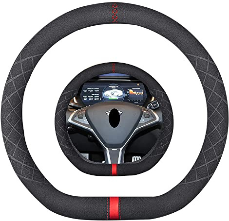 K LAKEY Lenkradbezug aus Wildleder, D-Form, kompatibel mit Tesla Model S, Model Y, Modell X, Alcantara-Leder, rutschfest, Auto-Innenzubehör, 38,1 cm, für Damen und Herren