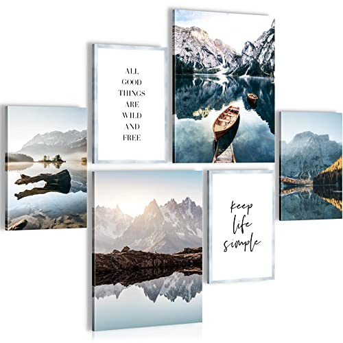 Novart Wandbilder Set See Berge blau Natur - KEIN EXTRA RAHMEN BENÖTIGT - Modern Deko - Wohnzimmer Schlafzimmer N010463a