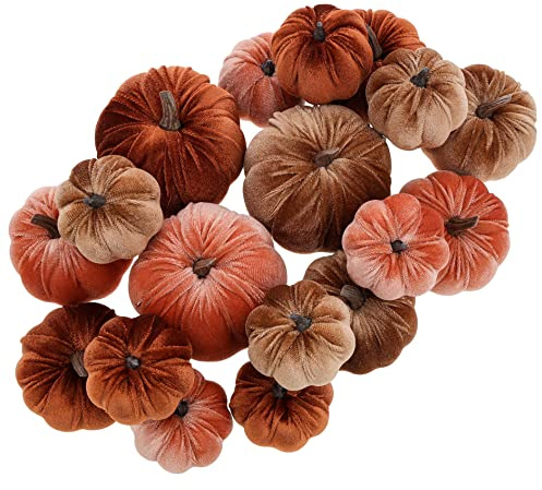 Woration 18pcs Fake Artificial Velvet Pumpkin Fall Decoration 3 Size Faux Foam Fabric Pumpkins Halloween Decor for Home Farmhouse Harvest Thanksgiving - Brown Series