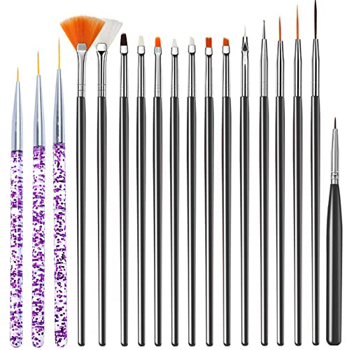 Fanjuanlan Nagelpinsel, 15 Stück Schwarz + 3 Stück Lila, Kunststoffgriff, Plastikkopf, Eckig, Nagelpflege-Set