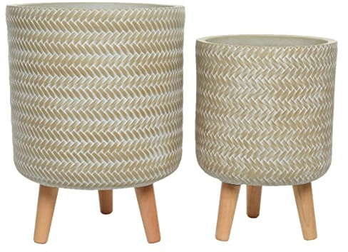 Decoris Blumentopf Outdoor 35-41cm 2er Set mit Füßen Flechtoptik Blumentöpfe Pflanzentopf Übertopf beige