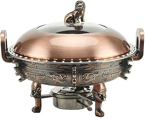 3L Chafing Dish, Stainless Steel Round Chafing Warmers Complete Set W/Food Pans, Aluminum Stand, Visible Pot Lid and Fuel Holders for Weddings, Buffet, Parties (Color : Red Copper) (Red Copper)
