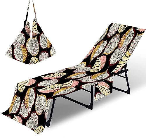 Surwin Schonbezug Für Gartenliege Strandliegenauflage Frottee Liegenauflage Stuhl Strandtuch Blätter Pflanzen Sun Lounger Bezug mit Tasche Sporthandtuch für Garten Schwimmen (75x210cm,Blatt)